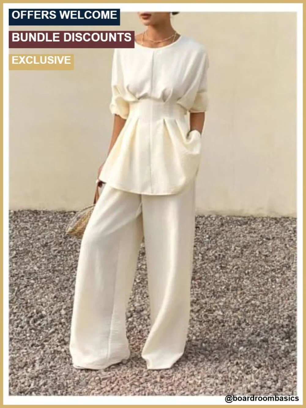 2 Piece Business Casual Outfit Long Sleeve Peplum Top Wide Leg Pants Pockets